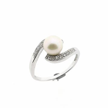 Witgouden ring met parel en diamanten; 0,08 ct., Handtassen en Accessoires, Ringen, 18 tot 19, Gebruikt, Ophalen of Verzenden
