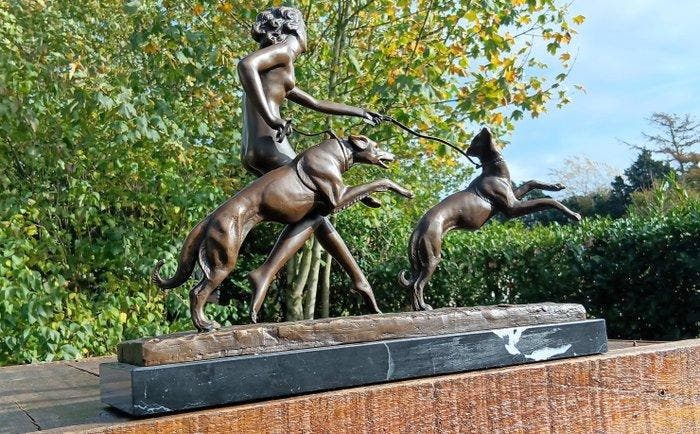 sculptuur, diana met 2 windhonden - 32 cm - brons marmer, Antiek en Kunst, Kunst | Designobjecten
