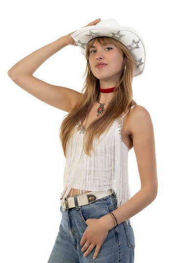 KIMU® Cowboyhoed Wit Sterren Steentjes Witte Cowboy Western, Ophalen of Verzenden, Nieuw