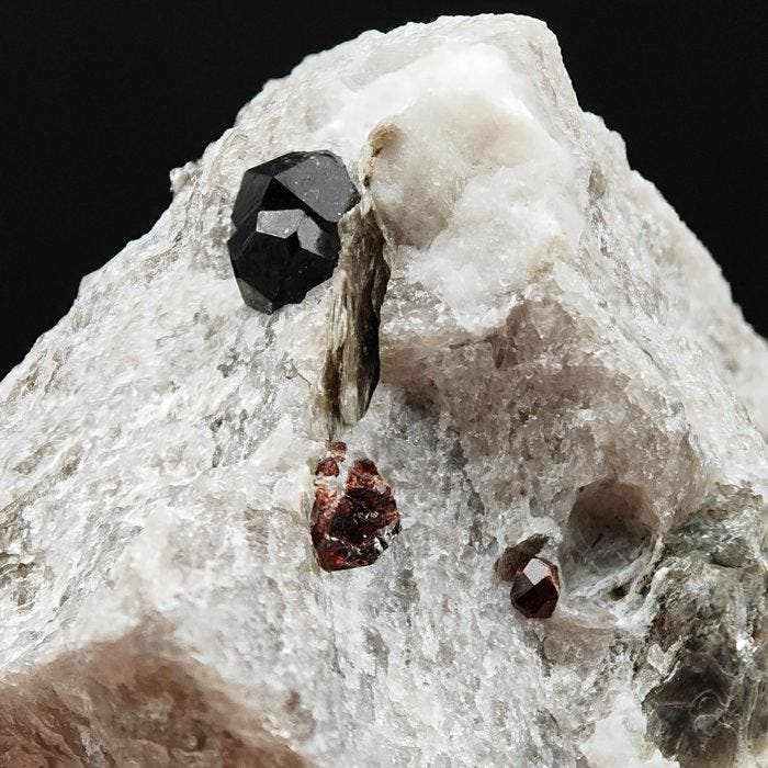 Alpine granaat, donkerrode getwiste almandinen Kristallen op, Verzamelen, Mineralen en Fossielen