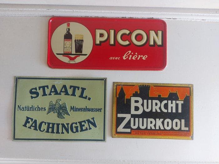 3 x panneaux publicitaires vintage en tin, Picon, Burcht, Antiek en Kunst, Antiek | Wandborden en Tegels