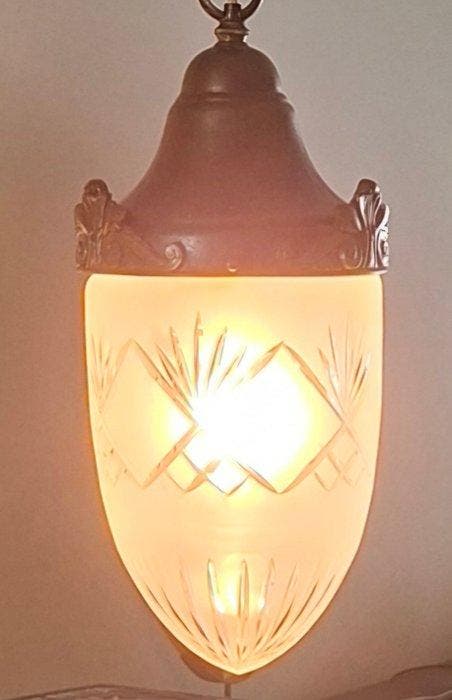 Val Saint Lambert - Plafondlamp - Eikellamp - Messing, Glas,, Antiquités & Art, Curiosités & Brocante