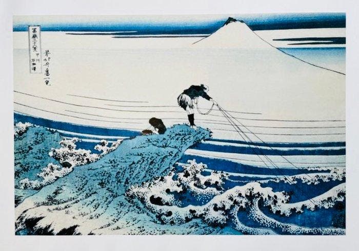 Katsushika Hokusai - Vissers op rotsen bij Kajikazawa., Antiek en Kunst, Kunst | Tekeningen en Fotografie