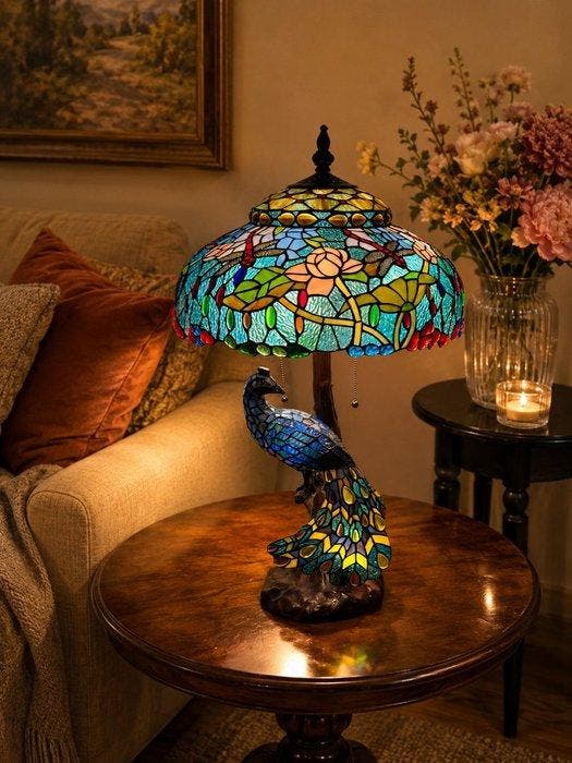 Tiffany tafellamp ROYAL BLUE PEACOCK & DRAGONFLY lamp met 3, Antiquités & Art, Art | Objets design