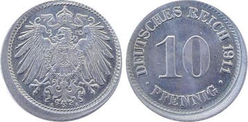 Duitsland Fehlpraegung 10 Pfennig 1911 A dezentriert 10 %..., Verzenden, België