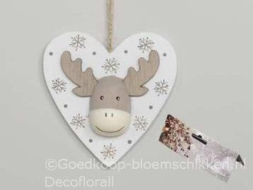 Hangers houten hart met Rendier Wit Grijs set van 2 stuks, Nieuw