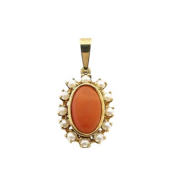 Gouden hanger met bloedkoraal en parel; 14 karaat, Handtassen en Accessoires, Ophalen of Verzenden, Gebruikt, Goud, Overige merken