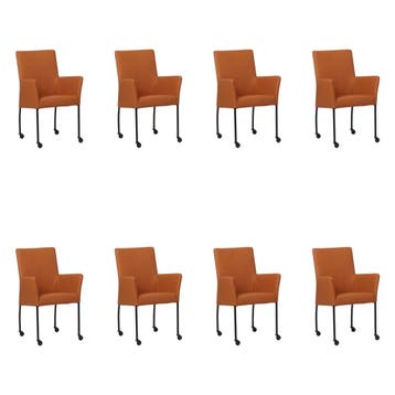 Set van 8 Leren eetkamerstoelen Comfort met wieltjes en, Ophalen of Verzenden