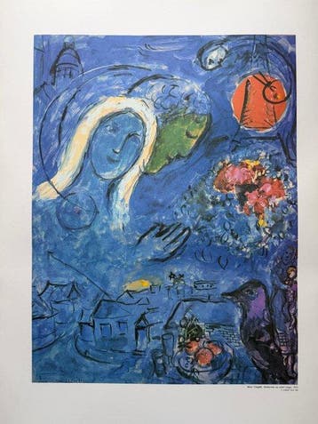 Marc Chagall (1887-1985) - Amoureux au soleil rouge, Antiek en Kunst