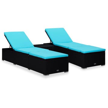 vidaXL 3-delige Ligbeddenset met theetafel poly rattan zwart, Verzenden