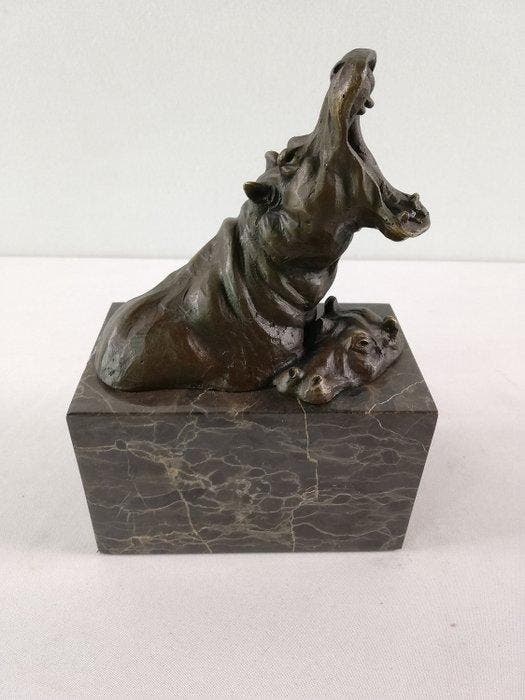 Beeldje - Bathing hippos - Brons, Marmer, Antiquités & Art, Curiosités & Brocante