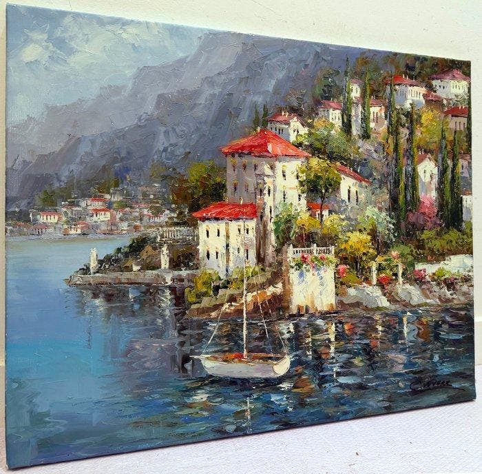 Christof Vevers (1962) - Villas aux Toits Rouges sur le Lac, Antiek en Kunst, Kunst | Schilderijen | Klassiek