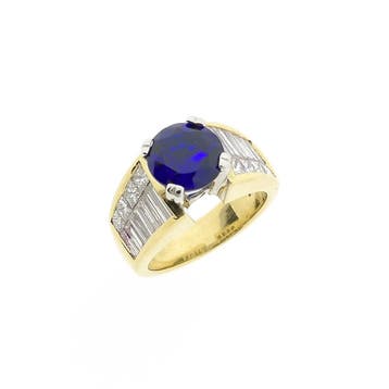 Gouden entourage ring met synthetische saffier en diamanten, Handtassen en Accessoires, Ringen, Gebruikt, Overige kleuren, Ophalen of Verzenden