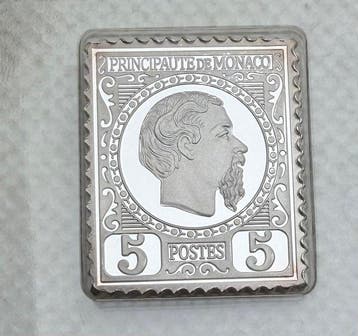 Monaco, Mauritius. Charles III 1885, plata 999 con bano oro