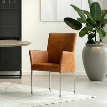 Set van 6 Leren eetkamerstoelen Comfort met wieltjes en, Ophalen of Verzenden, Nieuw, Leer