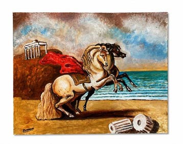 Scuola italiana (XX), Da De Chirico - Cavalli e rovine, Antiek en Kunst