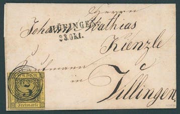 Baden 1851 - Enkelfranktuur 3 Kr zwart op oranjegeel, 6 Kr, Gestempeld