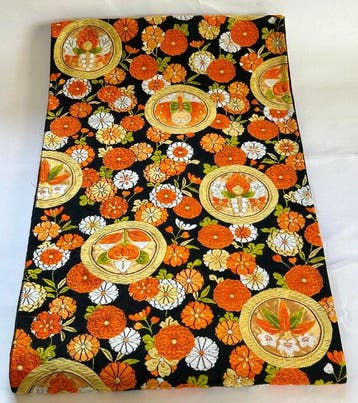 Fukuro Obi en soie vintage japonais – fond noir avec brocart