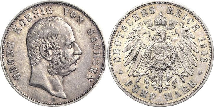 5 Mark 1903 Sachsen Georg 1902-1904, Postzegels en Munten, Munten | Europa | Niet-Euromunten, België, Verzenden