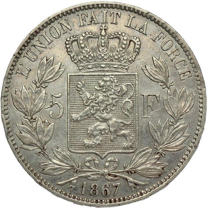 België. Leopold II. 5 Francs 1867 - position A, Postzegels en Munten, Munten | Nederland
