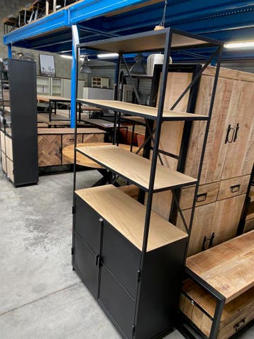 Metallo boekenkast, metaal + hout (nieuw, A-keuze), Huis en Inrichting, Nieuw, Teakhout