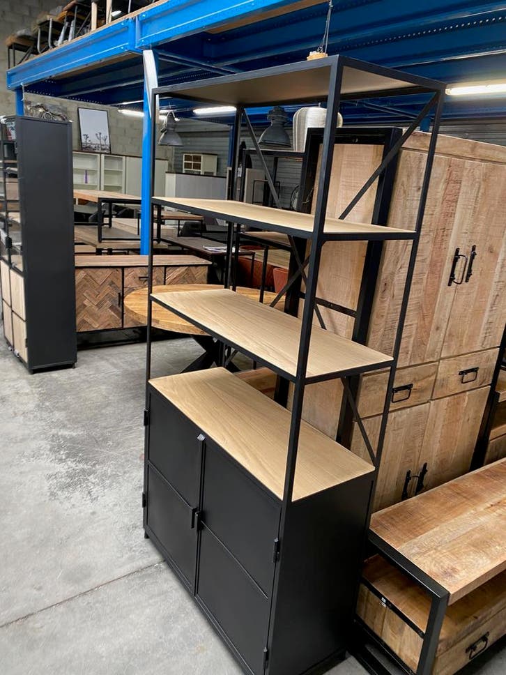 Metallo boekenkast, metaal + hout (nieuw, A-keuze), Huis en Inrichting, Kasten | Boekenkasten, Nieuw, Teakhout, Metaal