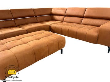 Hoekzetel cognac microvezel, poef + hoofdsteun – tweedehands, Verzenden, Nieuw