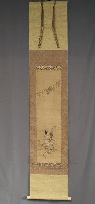 Ebisu met heilig shimenawa-touw - met zegel - Zijde -
