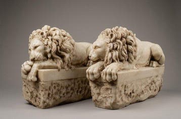 sculptuur, Coppia leoni - 16 kg - 31 cm - Carrara-marmer.