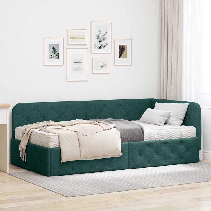 vidaXL Hoek Bed Frame Donkergroen 100 x 200 cm Stof, Huis en Inrichting, Slaapkamer | Bedden, Nieuw, Verzenden