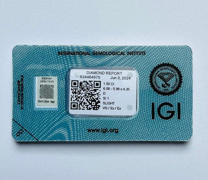 1 pcs Diamant (Naturelle) - 1.50 ct - Émeraude - D, Handtassen en Accessoires, Edelstenen