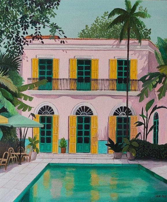 Jan Olech (XX) - The pool, Antiquités & Art, Art | Peinture | Moderne