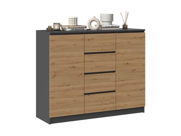 Dressoir 120 cm Breed-Antraciet Eiken-4 Lades Antraciet E..., Maison & Meubles, Armoires | Dressoirs, Envoi