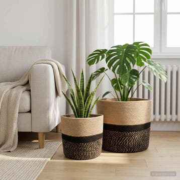 vidaXL Plantenpot Set 2 st Naturel en Zwart Ø 28 x 28 cm, Verzenden, Nieuw
