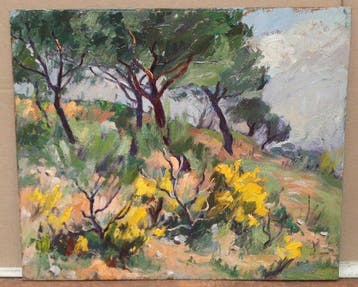 Ecole Française (XX) - Lumière sur la colline - NO RESERVE, Antiquités & Art