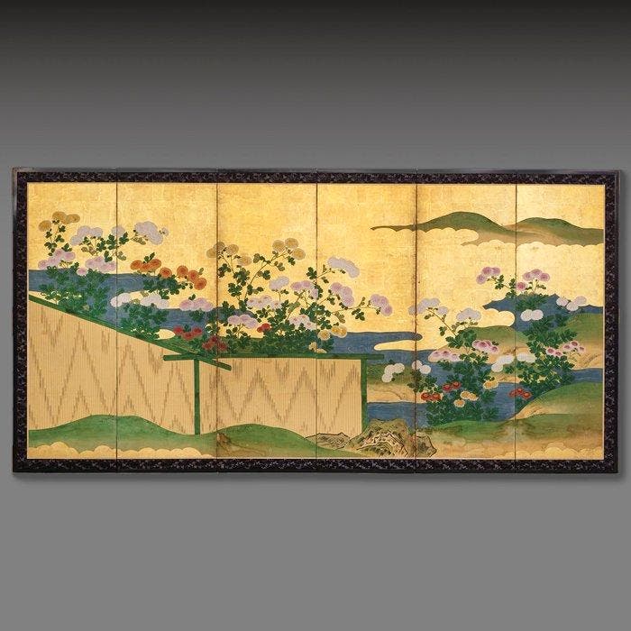 Vouwscherm met chrysantentuin - Moerbeipapier, Bladgoud,, Antiquités & Art, Antiquités | Autres Antiquités