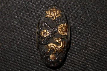 Katana - Shakudo - C6-205 Sunflower Mantis Fuchi & Kashira -