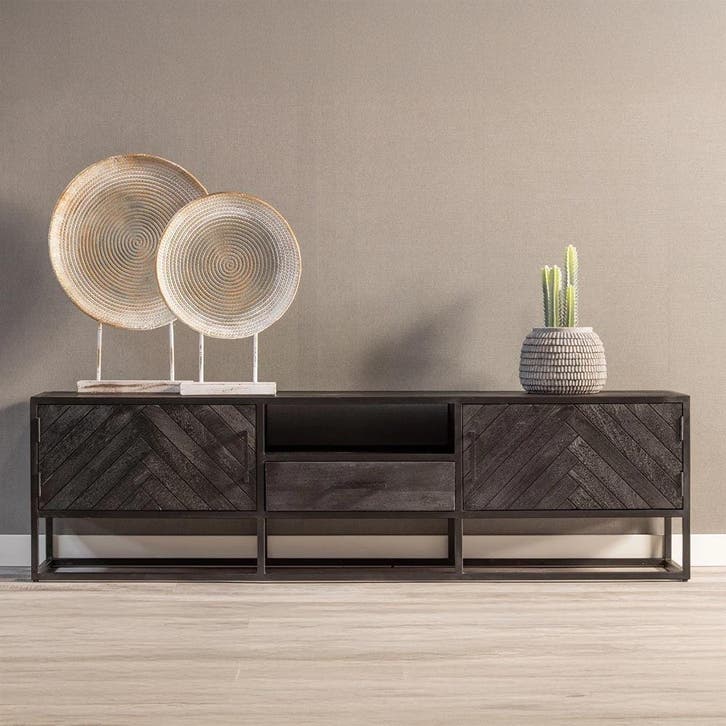 Tv-meubel Mangohout Kjeld 180 Zwart, Maison & Meubles, Armoires | Mobilier de télévision, Envoi