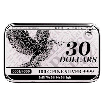 100 gram - Zilver .999 - 2026 100g $30 Liberia Pax 9999 Fine