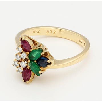 Ring - 18 karaat Geel goud - Diamant - Robijn. Smaragd.