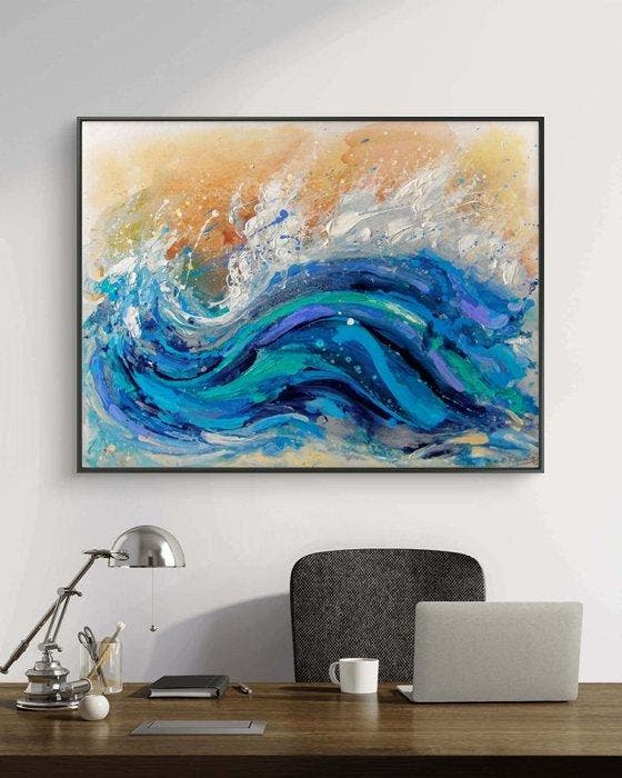 ART-IKarpikioti - “Blue Waves” Ocean in Motion, Antiquités & Art, Art | Peinture | Moderne