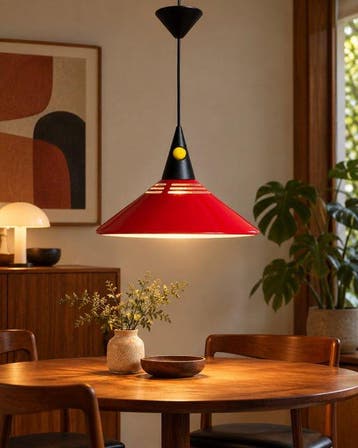 Hanglamp in Memphis-stijl – rood, zwart en een speels geel