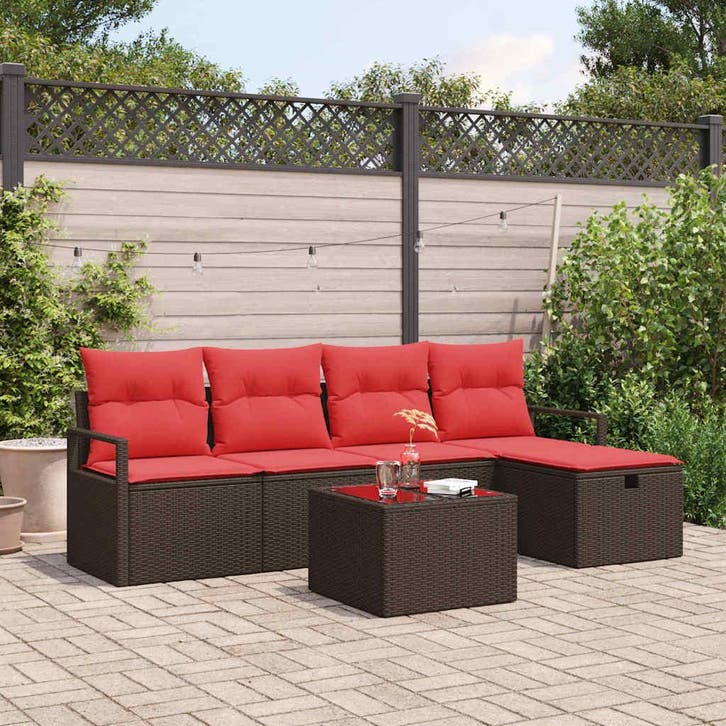 vidaXL Bankstel met kussen met opslag 6 pcs Bruin en Rood, Tuin en Terras, Tuinsets en Loungesets, Nieuw, Verzenden