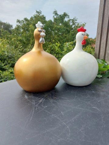 Beeld, set of 2 balloon chickens - 23 cm - polyresin