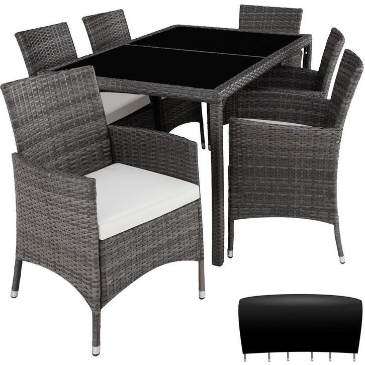 tectake Wicker zitgroep Porto 6+1 met beschermhoes - grijs/w, Jardin & Terrasse, Ensembles de jardin, Envoi
