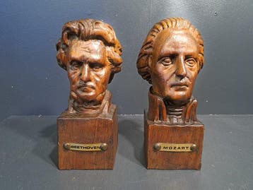 Statue, Twee componisten houtsnijwerk - 19 cm - Bois, Antiek en Kunst