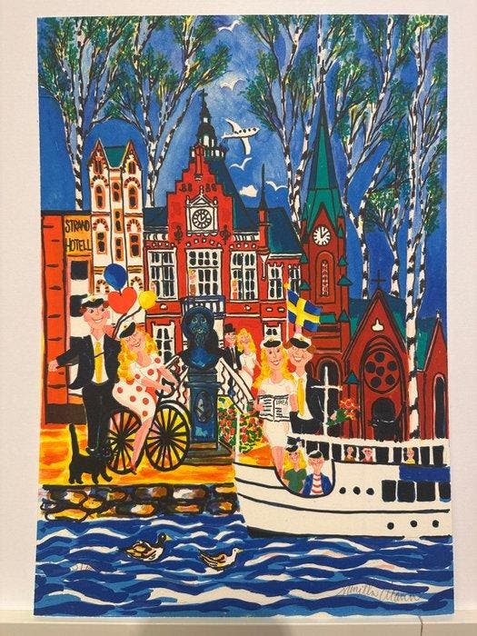 Gunilla Mann (1947) - Scandinavian City & Harbor Scene, Antiek en Kunst, Antiek | Overige Antiek