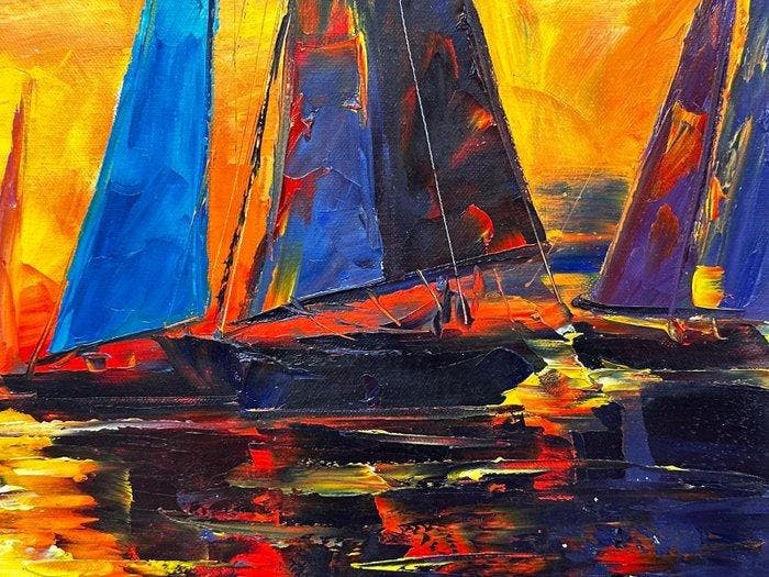 Yuni R. P - Veleros en el horizonte carmesí, Antiek en Kunst, Kunst | Schilderijen | Klassiek