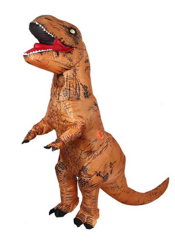 KIMU® Opblaas Kostuum T-Rex Bruin Opblaasbaar Pak Dinopak Ma, Ophalen of Verzenden, Nieuw