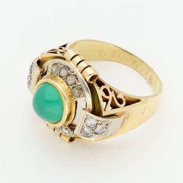 Ring - 18 karaat Geel goud - Diamant - Chrysopraas, Handtassen en Accessoires, Ringen, Nieuw